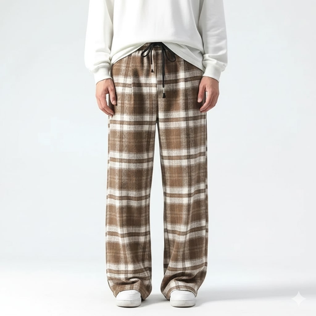 Montari Men’s Sweatpants – Plaid Cotton Wide-Leg Trousers
