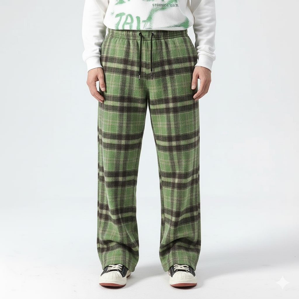 Montari Men’s Sweatpants – Plaid Cotton Wide-Leg Trousers