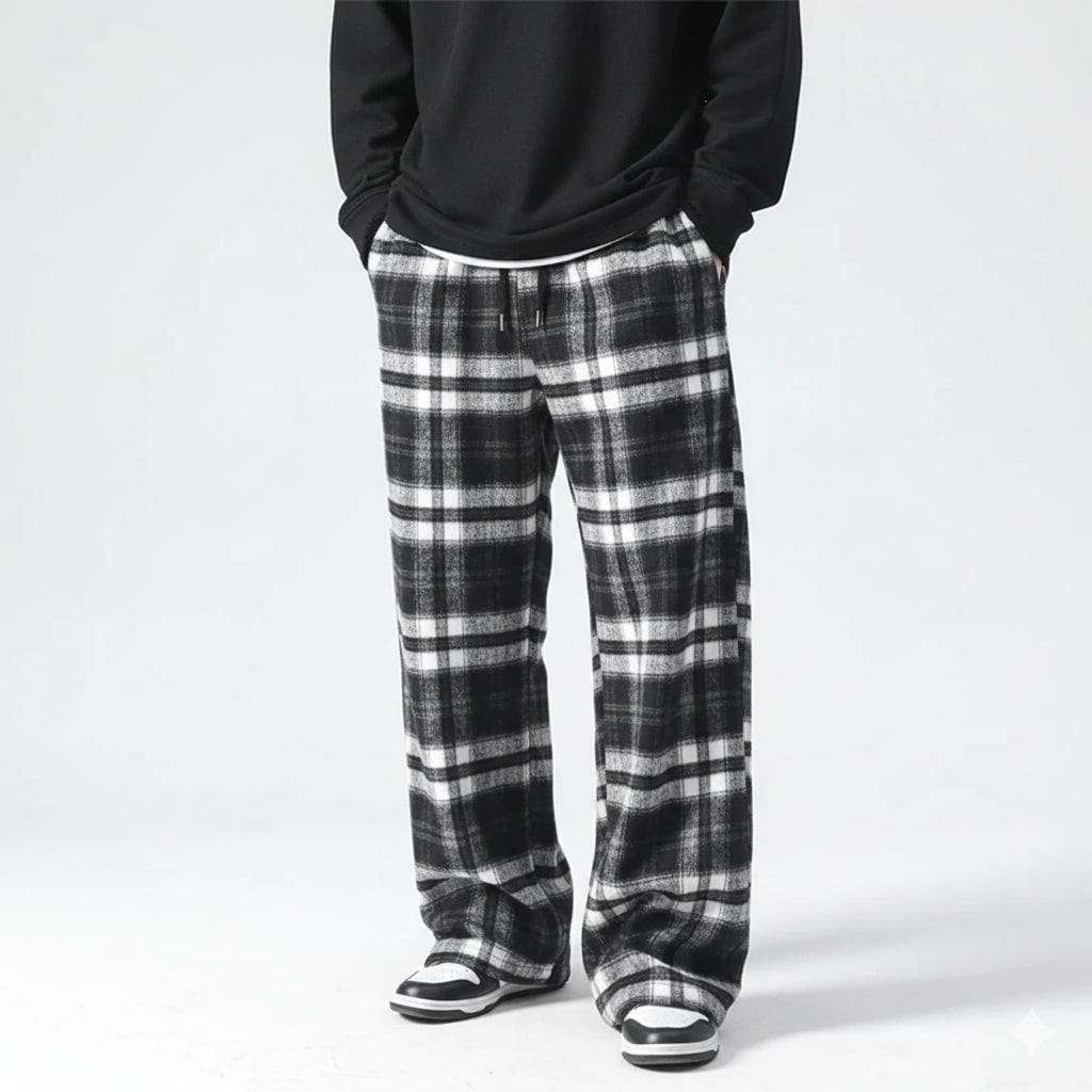Montari Men’s Sweatpants – Plaid Cotton Wide-Leg Trousers