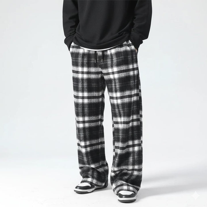 Montari Men’s Sweatpants – Plaid Cotton Wide-Leg Trousers