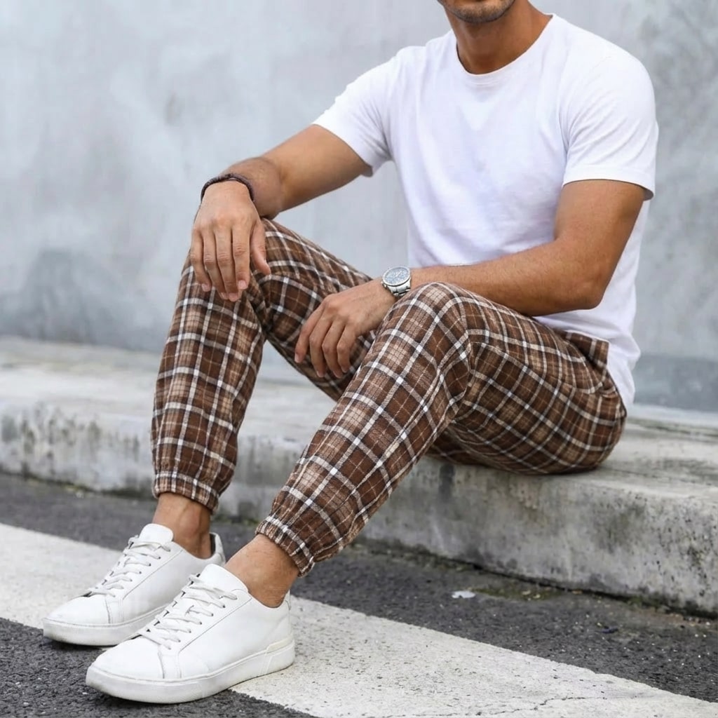 Cassius Men’s Joggers – Brushed Cotton Tapered Plaid Joggers