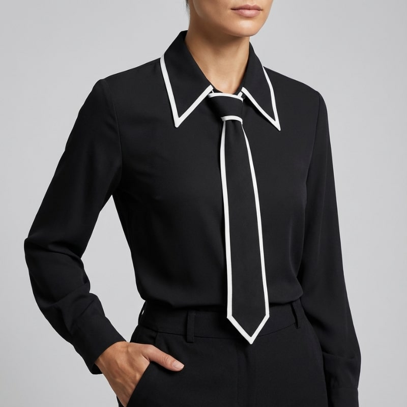 Emery Women’s Blouse – Contrast Tie Button-Down Shirt