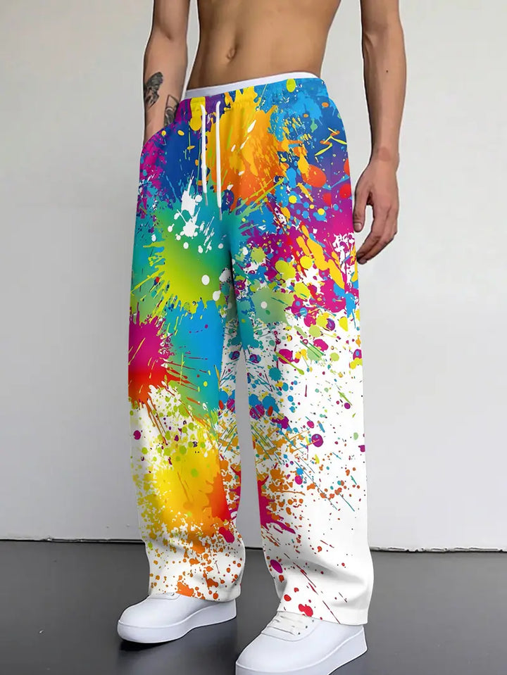 Ethan Wide-Leg Sweatpants – Cotton Blend with Paint-Splash Print and Drawstring Waist