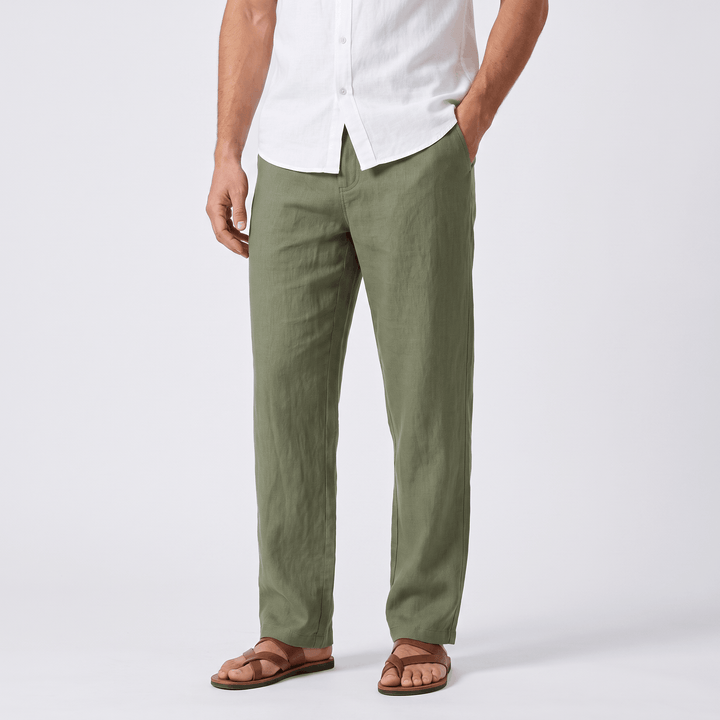 Alvin Linen-Blend Trousers – Button-Drawstring Waist Rolled-Hem Relaxed Pants