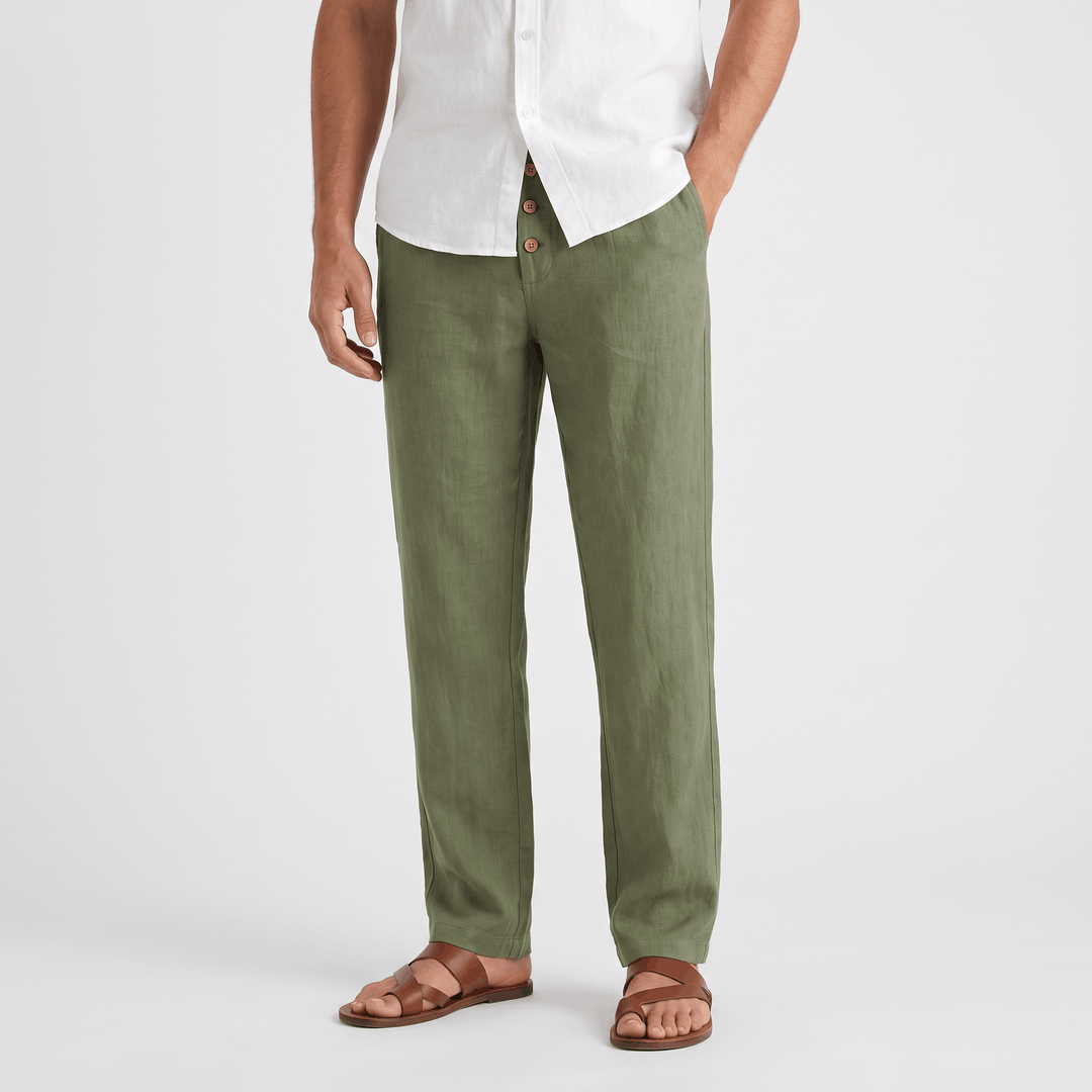 Alvin Linen-Blend Trousers – Button-Drawstring Waist Rolled-Hem Relaxed Pants