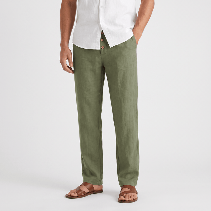 Alvin Linen-Blend Trousers – Button-Drawstring Waist Rolled-Hem Relaxed Pants