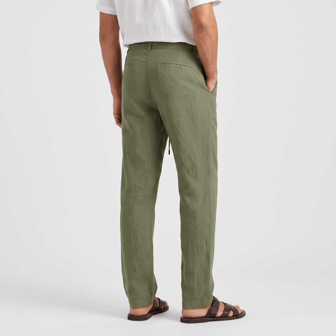 Alvin Linen-Blend Trousers – Button-Drawstring Waist Rolled-Hem Relaxed Pants