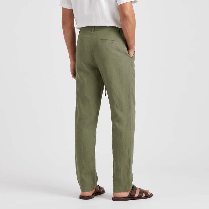Alvin Linen-Blend Trousers – Button-Drawstring Waist Rolled-Hem Relaxed Pants