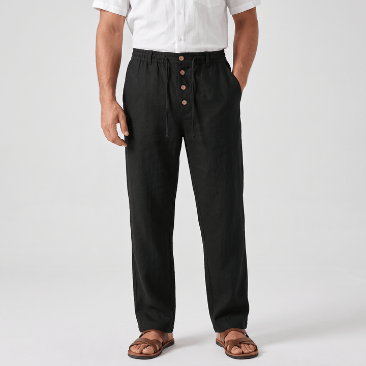 Alvin Linen-Blend Trousers – Button-Drawstring Waist Rolled-Hem Relaxed Pants