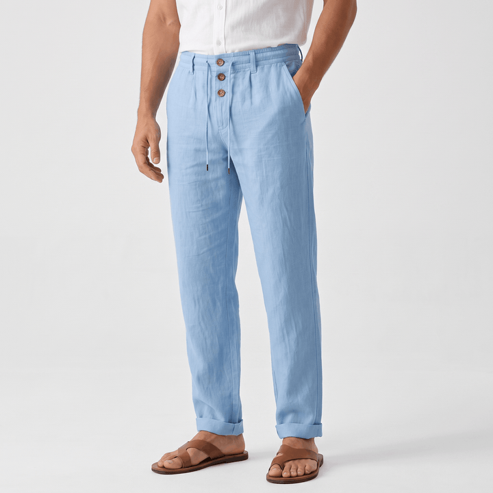 Alvin Linen-Blend Trousers – Button-Drawstring Waist Rolled-Hem Relaxed Pants