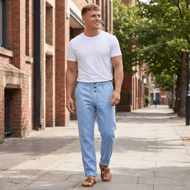 Alvin Linen-Blend Trousers – Button-Drawstring Waist Rolled-Hem Relaxed Pants