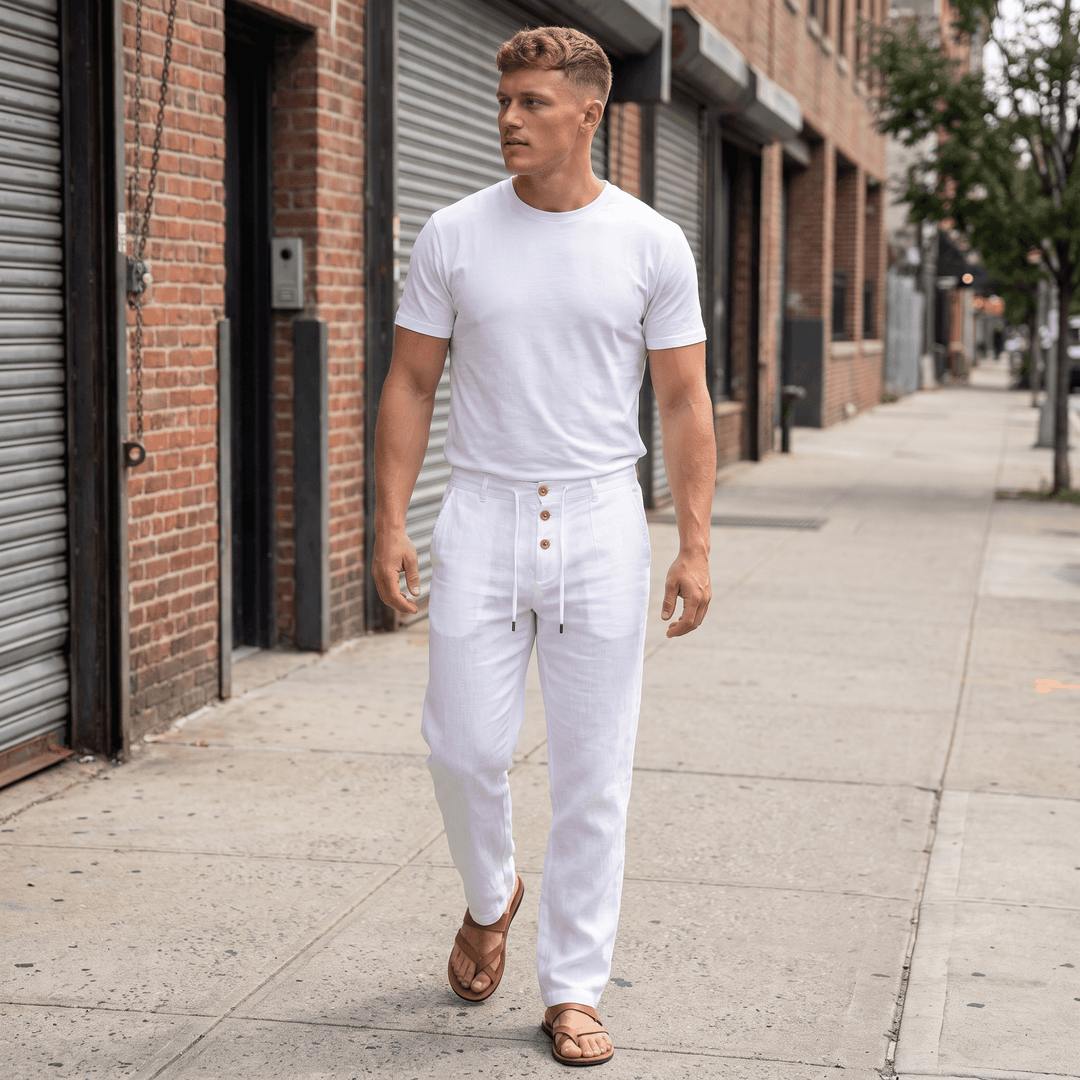 Alvin Linen-Blend Trousers – Button-Drawstring Waist Rolled-Hem Relaxed Pants