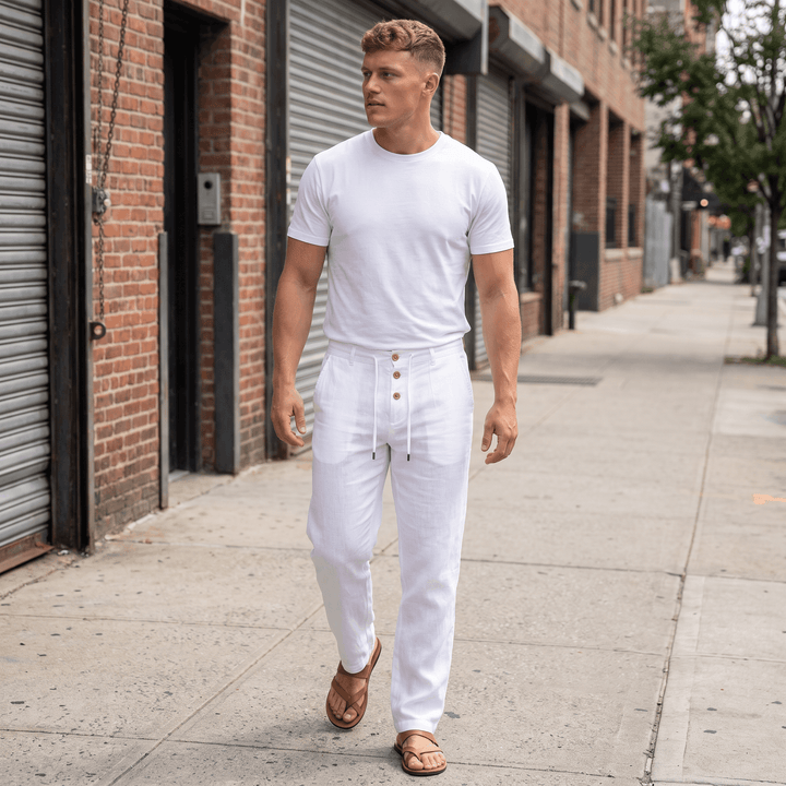 Alvin Linen-Blend Trousers – Button-Drawstring Waist Rolled-Hem Relaxed Pants