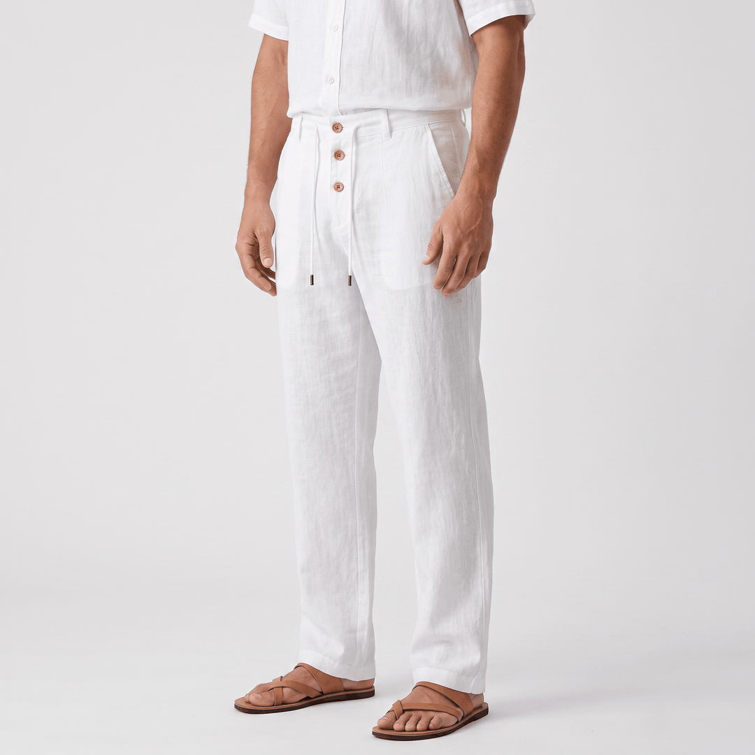 Alvin Linen-Blend Trousers – Button-Drawstring Waist Rolled-Hem Relaxed Pants