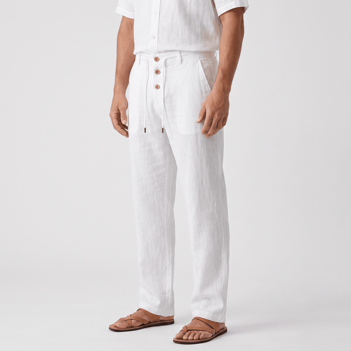 Alvin Linen-Blend Trousers – Button-Drawstring Waist Rolled-Hem Relaxed Pants