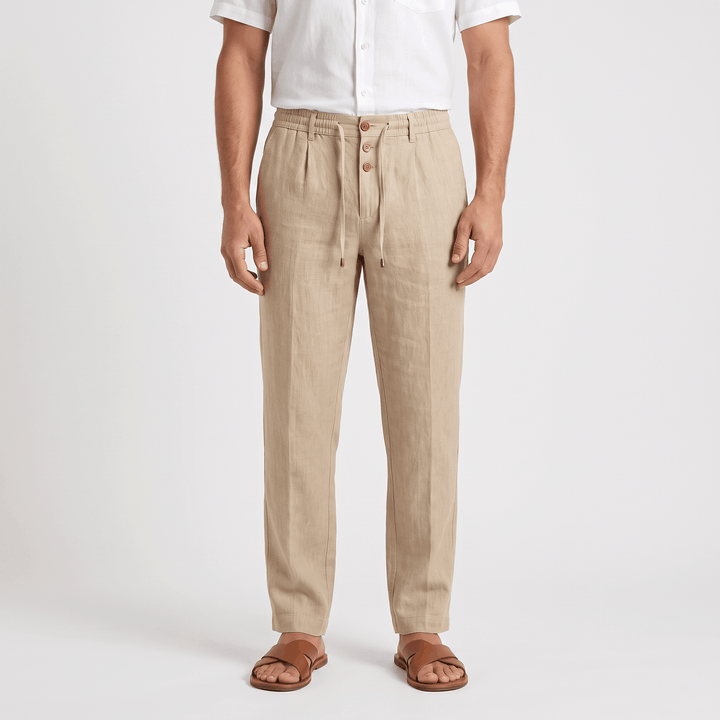 Alvin Linen-Blend Trousers – Button-Drawstring Waist Rolled-Hem Relaxed Pants