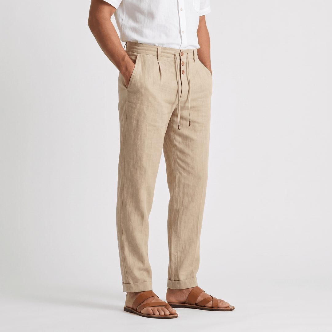 Alvin Linen-Blend Trousers – Button-Drawstring Waist Rolled-Hem Relaxed Pants