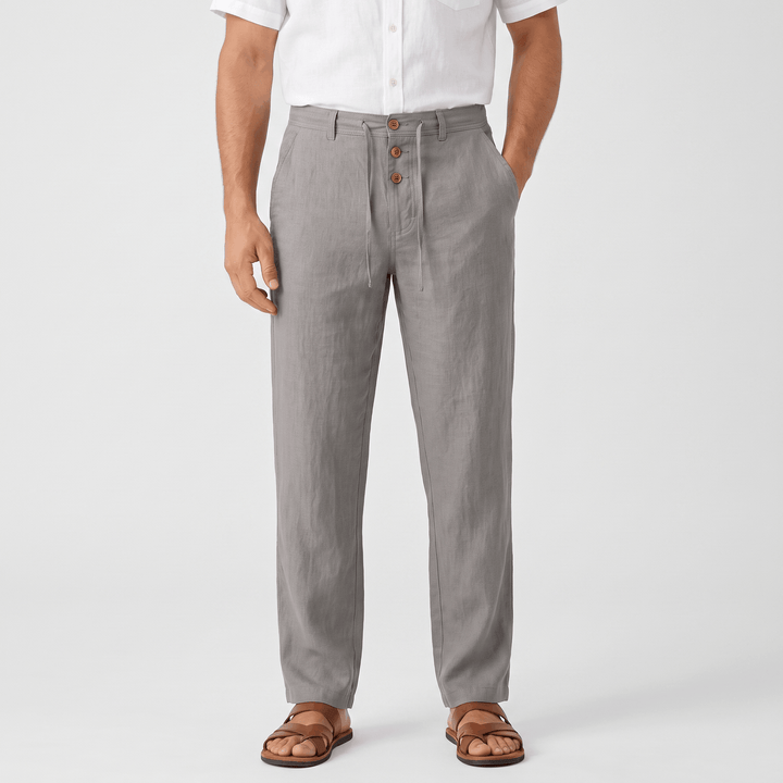 Alvin Linen-Blend Trousers – Button-Drawstring Waist Rolled-Hem Relaxed Pants