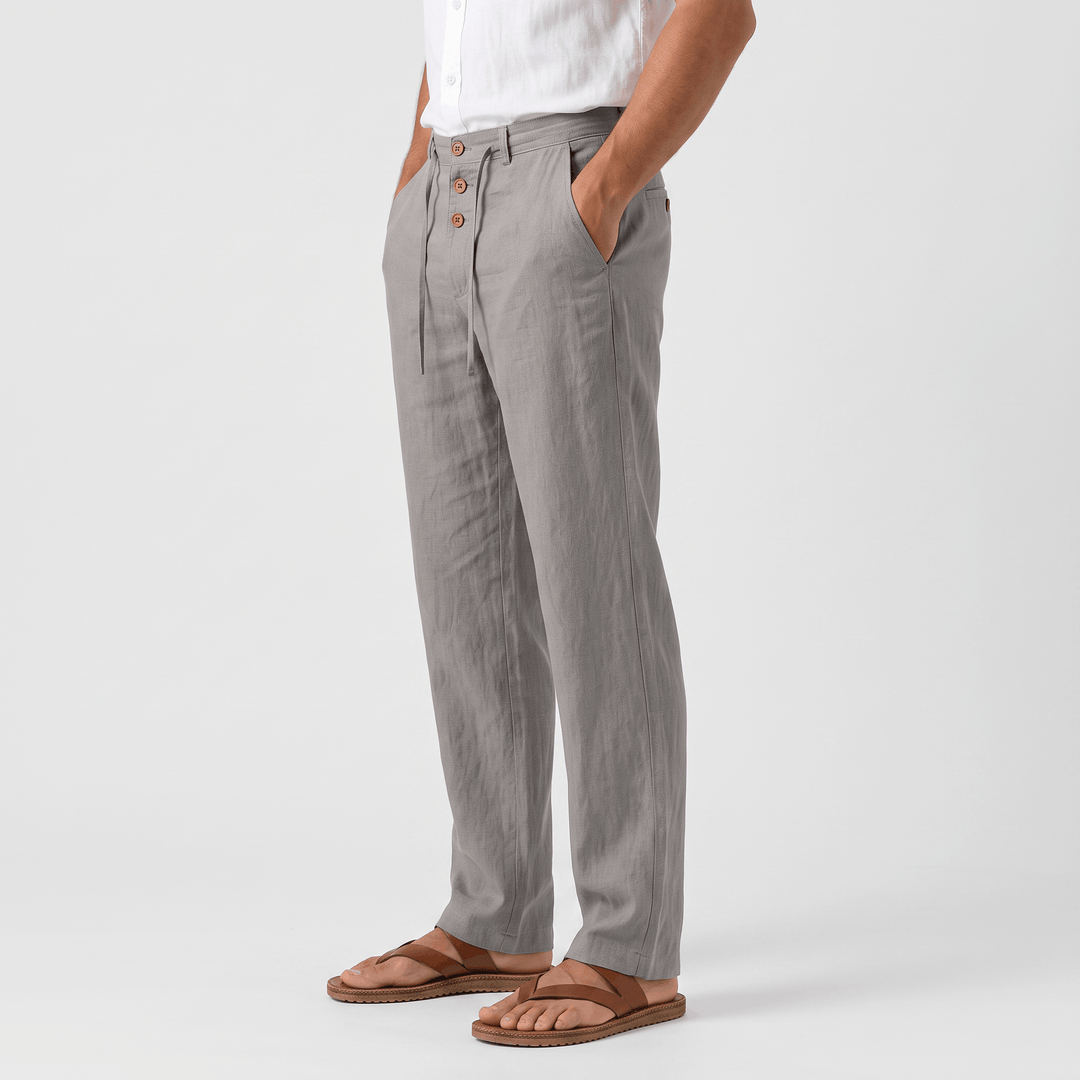 Alvin Linen-Blend Trousers – Button-Drawstring Waist Rolled-Hem Relaxed Pants