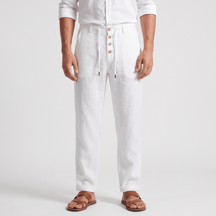 Alvin Linen-Blend Trousers – Button-Drawstring Waist Rolled-Hem Relaxed Pants