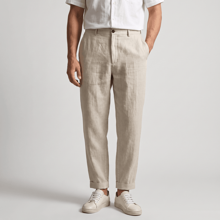 Pascual Linen-Blend Trousers – Tapered Ankle Drawstring Belt-Loop Menswear