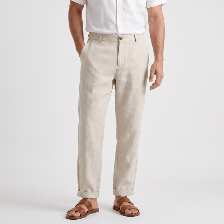 Pascual Linen-Blend Trousers – Tapered Ankle Drawstring Belt-Loop Menswear
