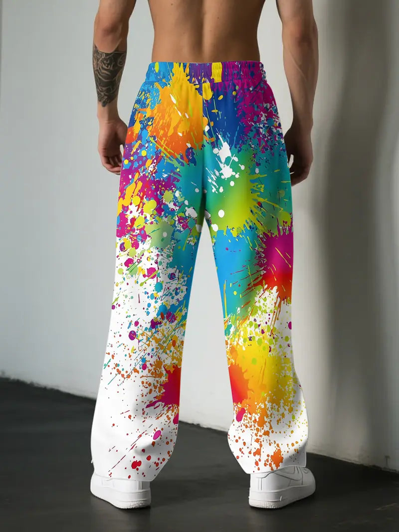 Ethan Wide-Leg Sweatpants – Cotton Blend with Paint-Splash Print and Drawstring Waist
