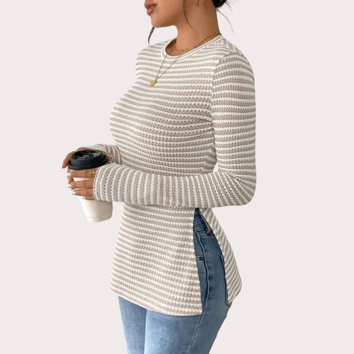 Eliza Ribbed Stretch-Knit Long Sleeve Top – Sculpted Contouring Shirt