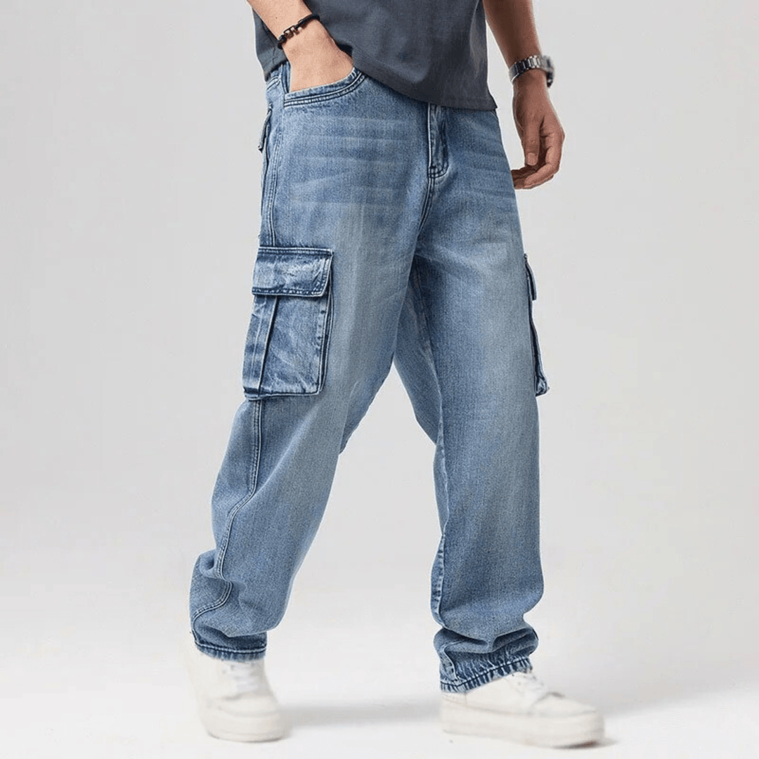 Vincent Denim Cargo Pants – Stretch Cotton Utility Jeans with Tapered Fit