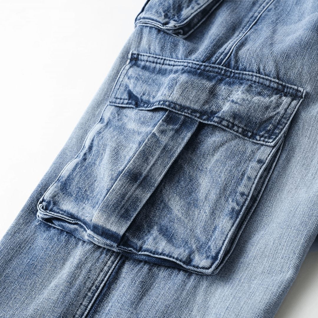 Vincent Denim Cargo Pants – Stretch Cotton Utility Jeans with Tapered Fit